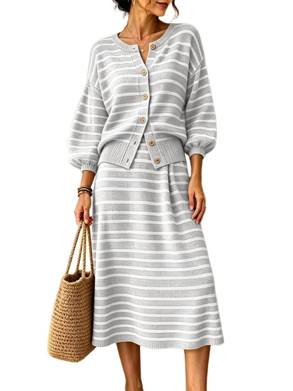 Women's Knit 2 Piece Outfits Button Cardigan Long Skirt Lounge Set